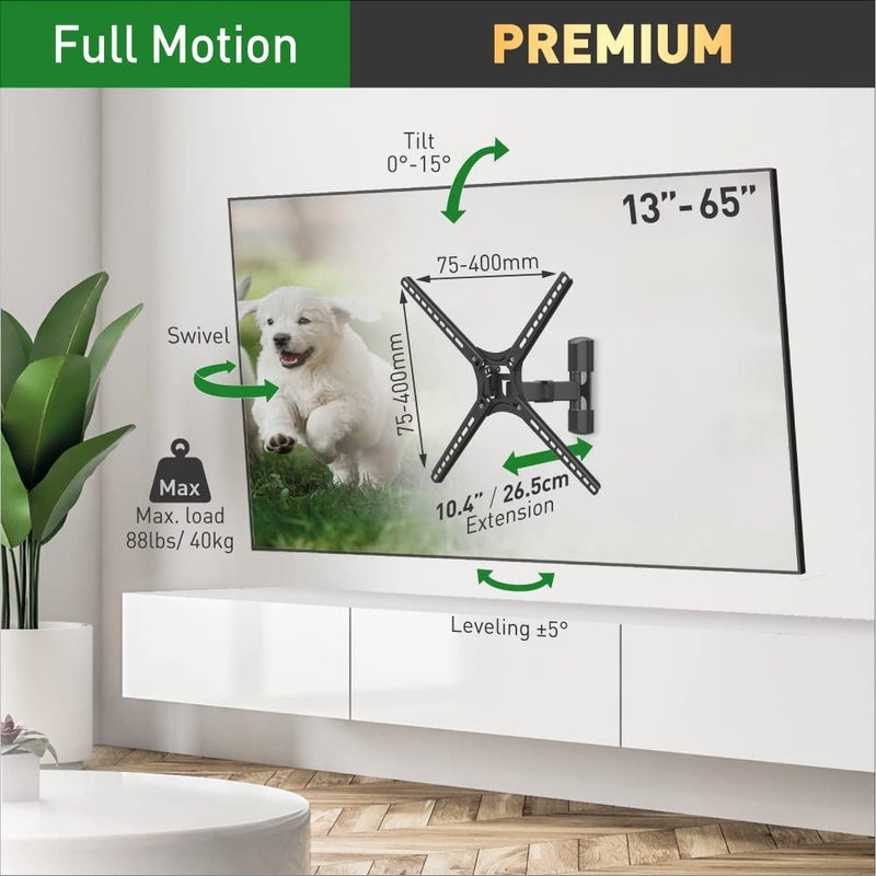Barkan TV Wall Mount, 13-65 inch Full Motion Articulating - 3 Movement Flat/Curved Screen Bracket, Holds up to 88lbs, Patented, Fits LED OLED LCD - Image 2